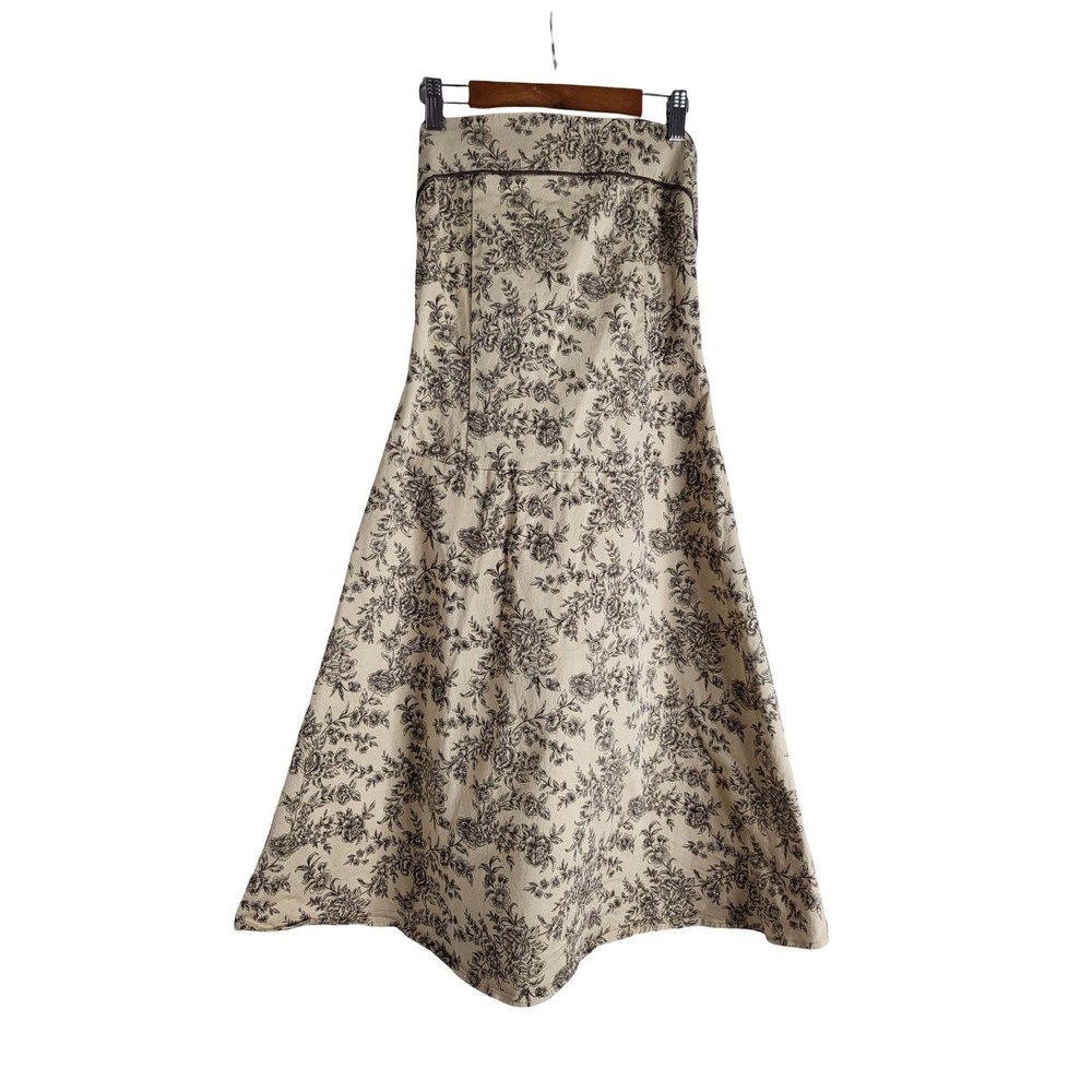 Luly K New York City Floral Toile Strapless Midi Dress Beige Black Large CT2722